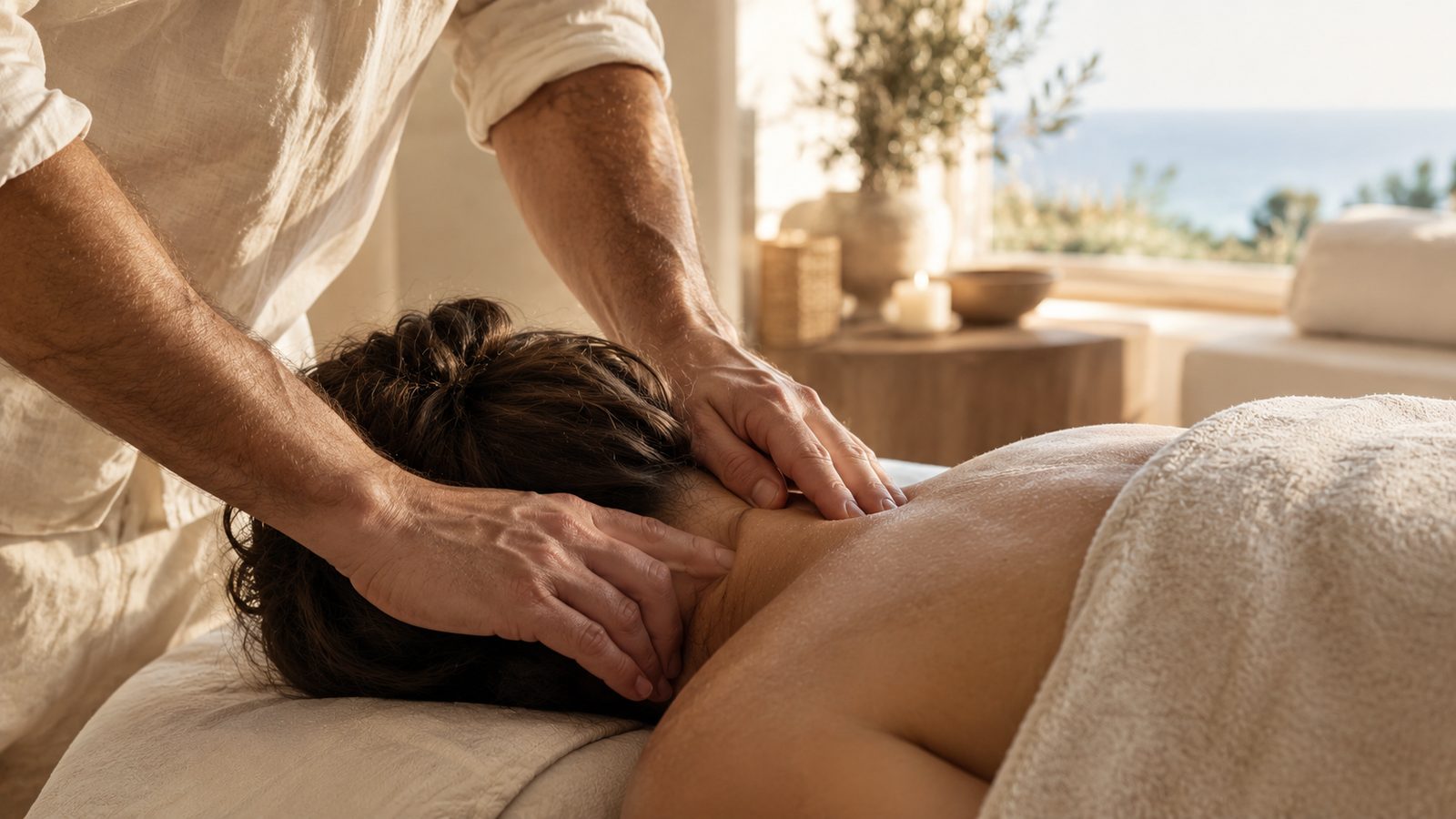 Mani di un professionista durante un delicato massaggio rilassante alla zona cervicale