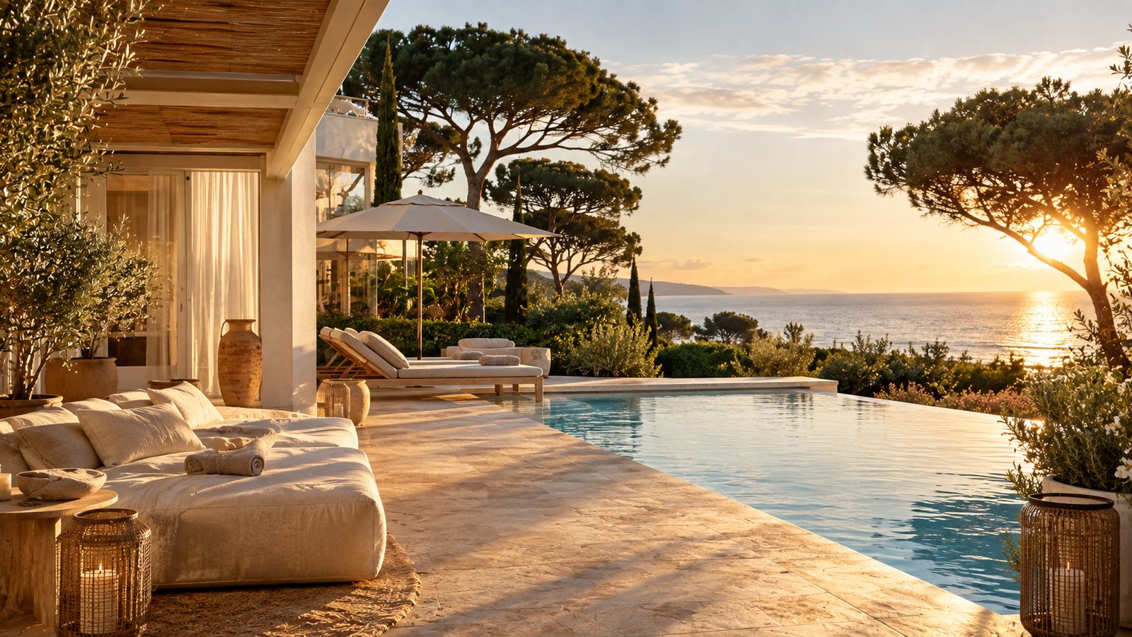 Villa elegante sulla costa toscana al tramonto, circondata da vegetazione mediterranea